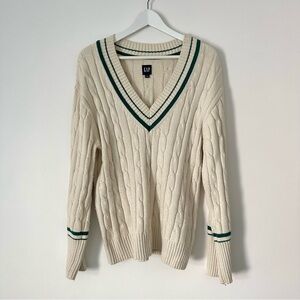GAP Cream Cable-Knit V-Neck Sweater with Green Trim